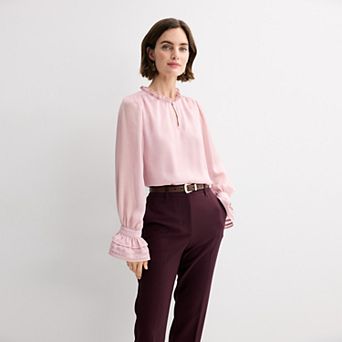 Petite Nine West Ruffle Cinched Sleeve Tie Neck Blouse