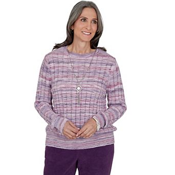 Petite Alfred Dunner Space Dye Ribbed Sweater with Necklace