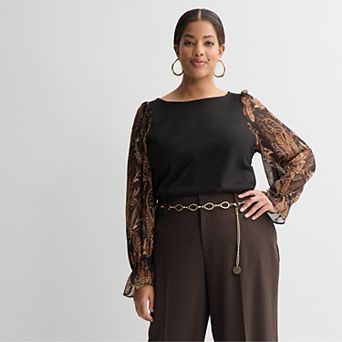 Plus Size Nine West Long Sleeve Mixed Media Ruffle Sleeve Top