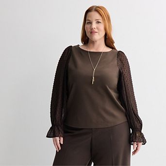 Plus Size Nine West Long Sleeve Mixed Media Ruffle Sleeve Top