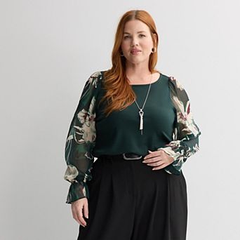 Plus Size Nine West Long Sleeve Mixed Media Ruffle Sleeve Top