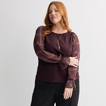 Plus Size Nine West Long Sleeve Mixed Media Ruffle Sleeve Top