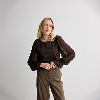 Women's Nine West Mixed Media Ruffle Sleeve Top