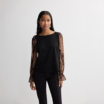 Petite Nine West Mixed Media Ruffle Sleeve Top