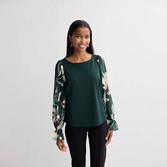 Petite Nine West Mixed Media Ruffle Sleeve Top