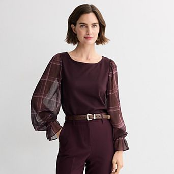 Petite Nine West Mixed Media Ruffle Sleeve Top