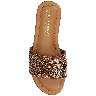 Journee Women's Maria Metallic Beaded Slip-On Flat Slide Sandals