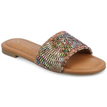 Journee Women's Maria Metallic Beaded Slip-On Flat Slide Sandals