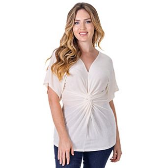 Petite 24Seven Comfort Apparel Essential V-Neck Knot Front Kimono Sleeve Top