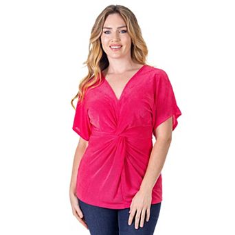 Petite 24Seven Comfort Apparel Essential V-Neck Knot Front Kimono Sleeve Top