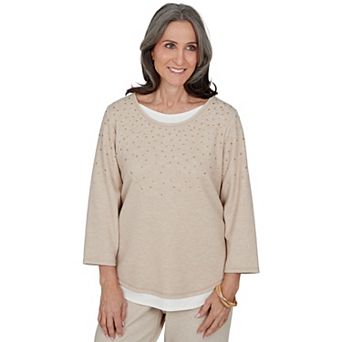 Petite Alfred Dunner Luxe Be A Lady Heat Set Layered Hem 3/4 Sleeve Top