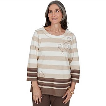 Petite Alfred Dunner Luxe Be A Lady Diamond Heat Set Stripe 3/4-Sleeve Knit Top