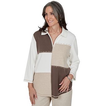 Petite Alfred Dunner Luxe Be A Lady Colorblock Ribbed 3/4 Sleeve Zip Collar Sweater