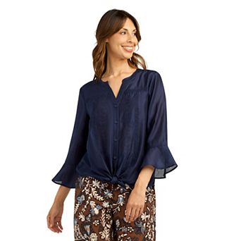 Women's AB Studio Flounce Sleeve Button Tie Front Top