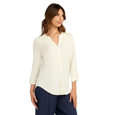 Women's AB Studio Smocked Button Front Long Sleeve Top