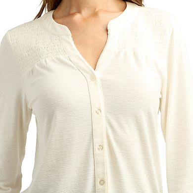 Women's AB Studio Smocked Button Front Long Sleeve Top