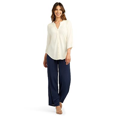 Women's AB Studio Smocked Button Front Long Sleeve Top