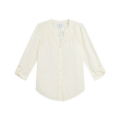 Women's AB Studio Smocked Button Front Long Sleeve Top
