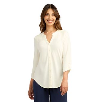 Women's AB Studio Smocked Button Front Long Sleeve Top