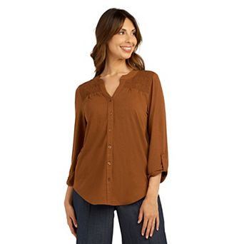 Women's AB Studio Smocked Button Front Long Sleeve Top