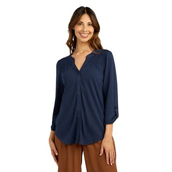 Women's AB Studio Smocked Button Front Long Sleeve Top