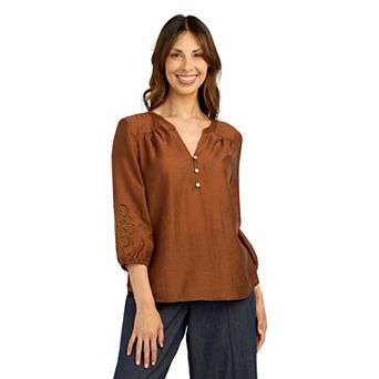 Women's AB Studio Three-Quarter Embroidered Sleeve Top