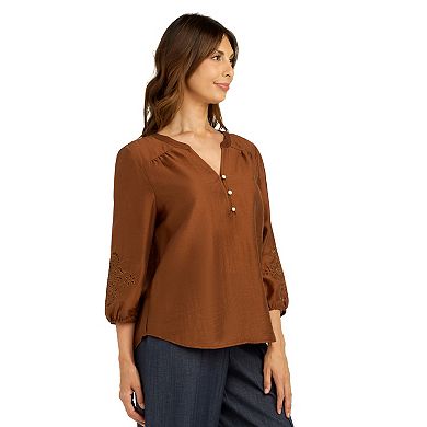 Women's AB Studio Three-Quarter Embroidered Sleeve Top