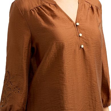 Women's AB Studio Three-Quarter Embroidered Sleeve Top