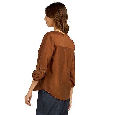 Women's AB Studio Three-Quarter Embroidered Sleeve Top