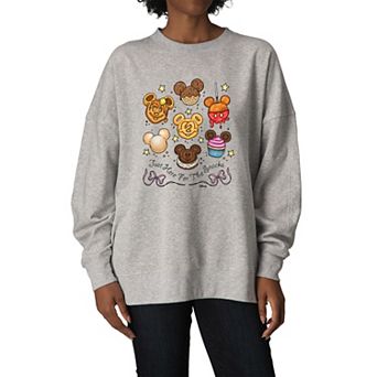Women's Disney Mickey Just Here For The Snacks Oversized Fleece Crew Sweatshirt