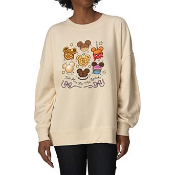Women's Disney Mickey Just Here For The Snacks Oversized Fleece Crew Sweatshirt