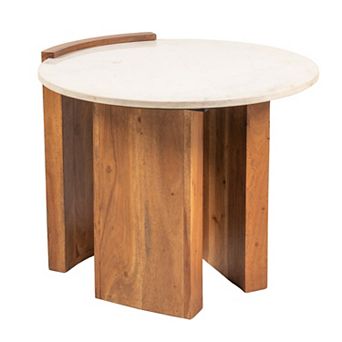Hello Honey Round Marble and Mango Wood Semi-Enclosed Side Table in Natural Finish