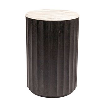Hello Honey Round Mango Wood Fluted Side Table with Marble Top, Black Finish