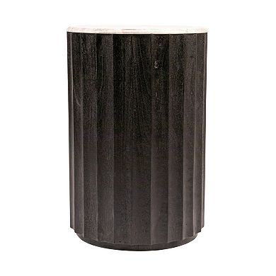 Hello Honey Round Mango Wood Fluted Side Table with Marble Top, Black Finish