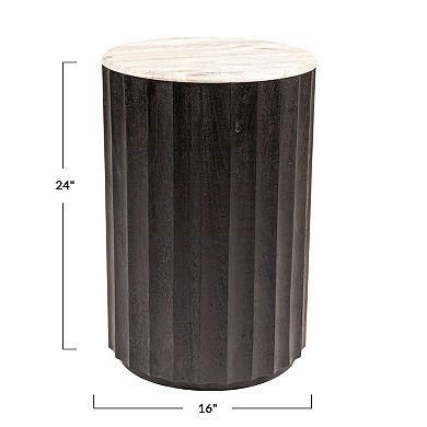 Hello Honey Round Mango Wood Fluted Side Table with Marble Top, Black Finish