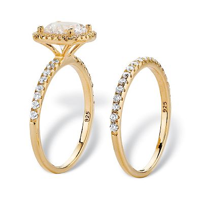 2.65 Cttw. Cubic Zirconia 14k Gold-plated Silver 2-Piece Halo Bridal Ring Set