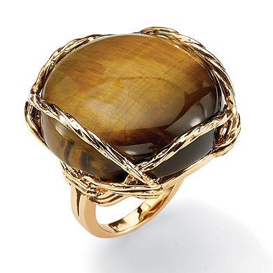 Cabochon-Shaped Genuine Tiger's Eye Gold-Plated Channel-Set Pillow Ring