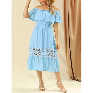 Women's Chiffon Off Shoulder Ruffle Flutter Sleeve Lace Insert Boho Beach Vacation Maxi Dress