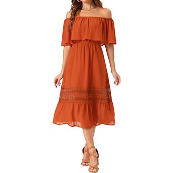 Women's Chiffon Off Shoulder Ruffle Flutter Sleeve Lace Insert Boho Beach Vacation Maxi Dress