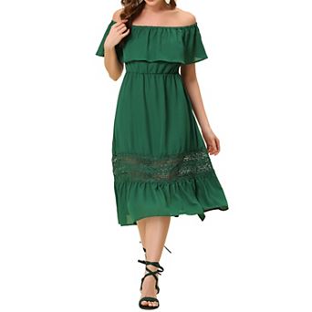 Women's Chiffon Off Shoulder Ruffle Flutter Sleeve Lace Insert Boho Beach Vacation Maxi Dress