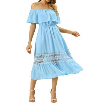 Women's Chiffon Off Shoulder Ruffle Flutter Sleeve Lace Insert Boho Beach Vacation Maxi Dress