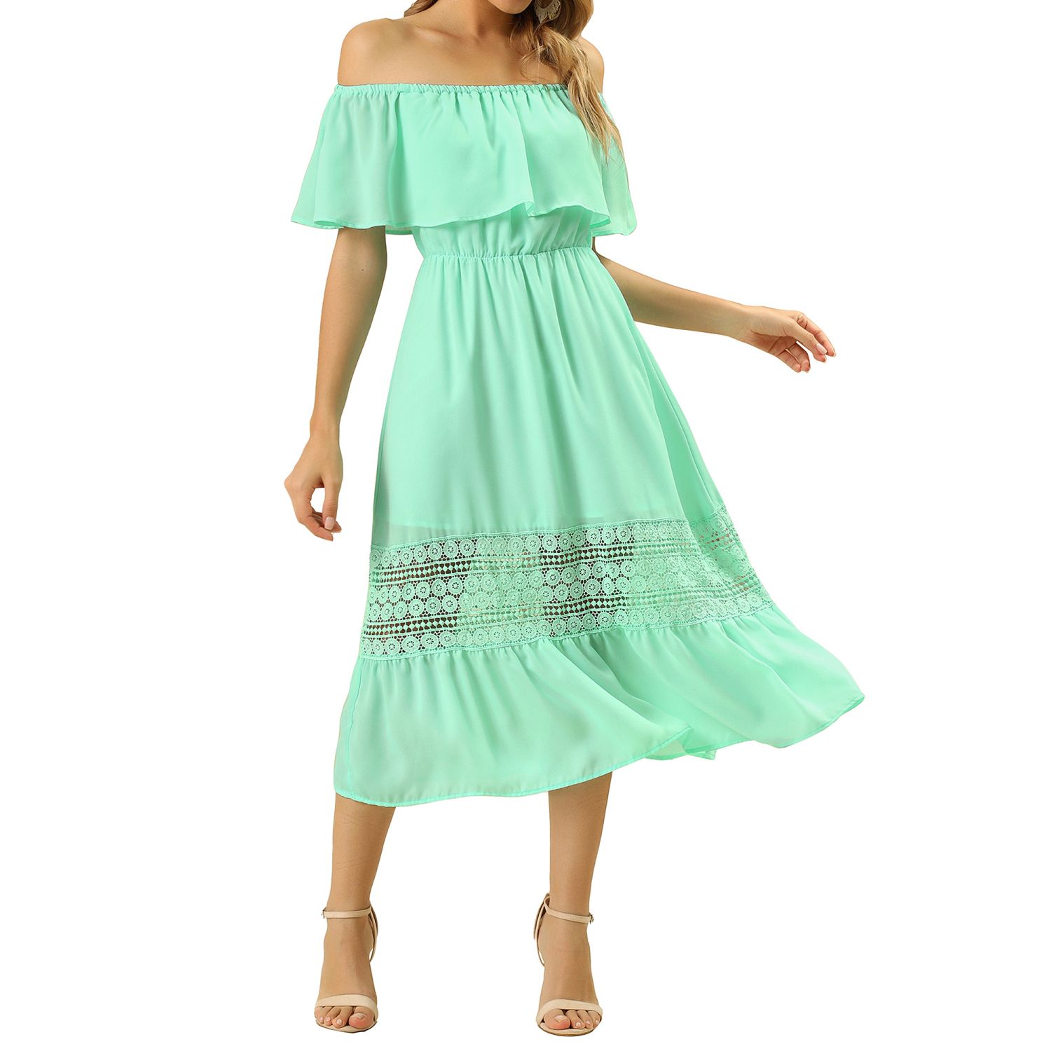Женские платья Chiffon Off Shoulder Ruffle Flutter Sleeve Lace Insert Boho Beach Vacation Maxi Dress