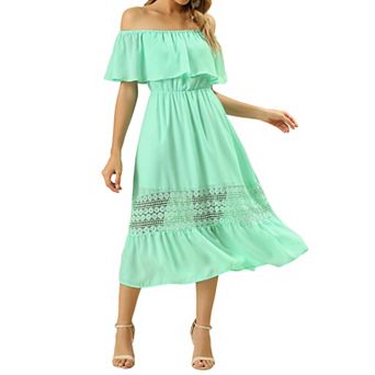 Women's Chiffon Off Shoulder Ruffle Flutter Sleeve Lace Insert Boho Beach Vacation Maxi Dress