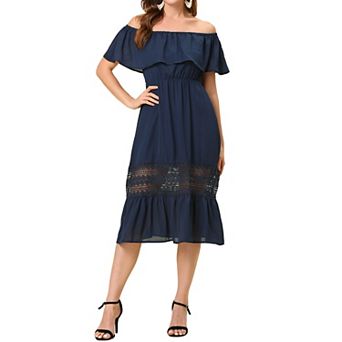 Women's Chiffon Off Shoulder Ruffle Flutter Sleeve Lace Insert Boho Beach Vacation Maxi Dress