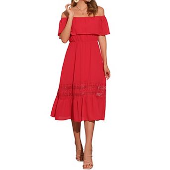 Women's Chiffon Off Shoulder Ruffle Flutter Sleeve Lace Insert Boho Beach Vacation Maxi Dress