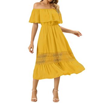 Women's Chiffon Off Shoulder Ruffle Flutter Sleeve Lace Insert Boho Beach Vacation Maxi Dress