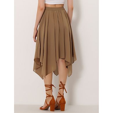 Women's Asymmetrical Hem Elastic Waist Chiffon Flowy Vintage Handkerchief Hemline Midi Skirts