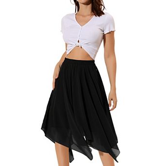 Women's Asymmetrical Hem Elastic Waist Chiffon Flowy Vintage Handkerchief Hemline Midi Skirts