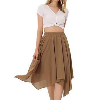 Women's Asymmetrical Hem Elastic Waist Chiffon Flowy Vintage Handkerchief Hemline Midi Skirts