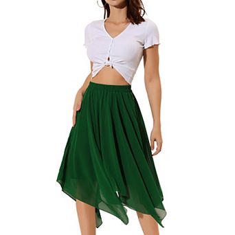 Women's Asymmetrical Hem Elastic Waist Chiffon Flowy Vintage Handkerchief Hemline Midi Skirts